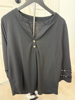 Women’s Black Henley Sleeve-Detail Top